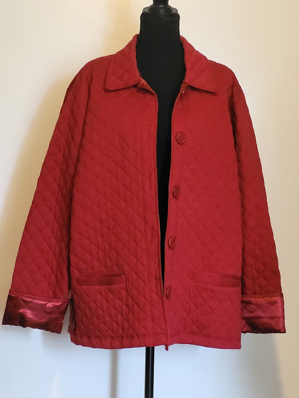 Vintage Oleg Cassini Sport Quilted Red Jacket Womens XL 16/18 Satin Cuffs Button